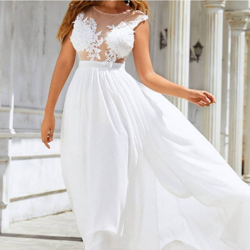 Elegant chiffon lace wedding dress with a large swing skirt and flowing train, perfect for a romantic and sophisticated bridal look.

