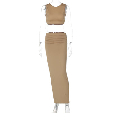 Stylish women’s two-piece matching set with a sleeveless tank top and long skirt, perfect for summer parties and casual wear.

