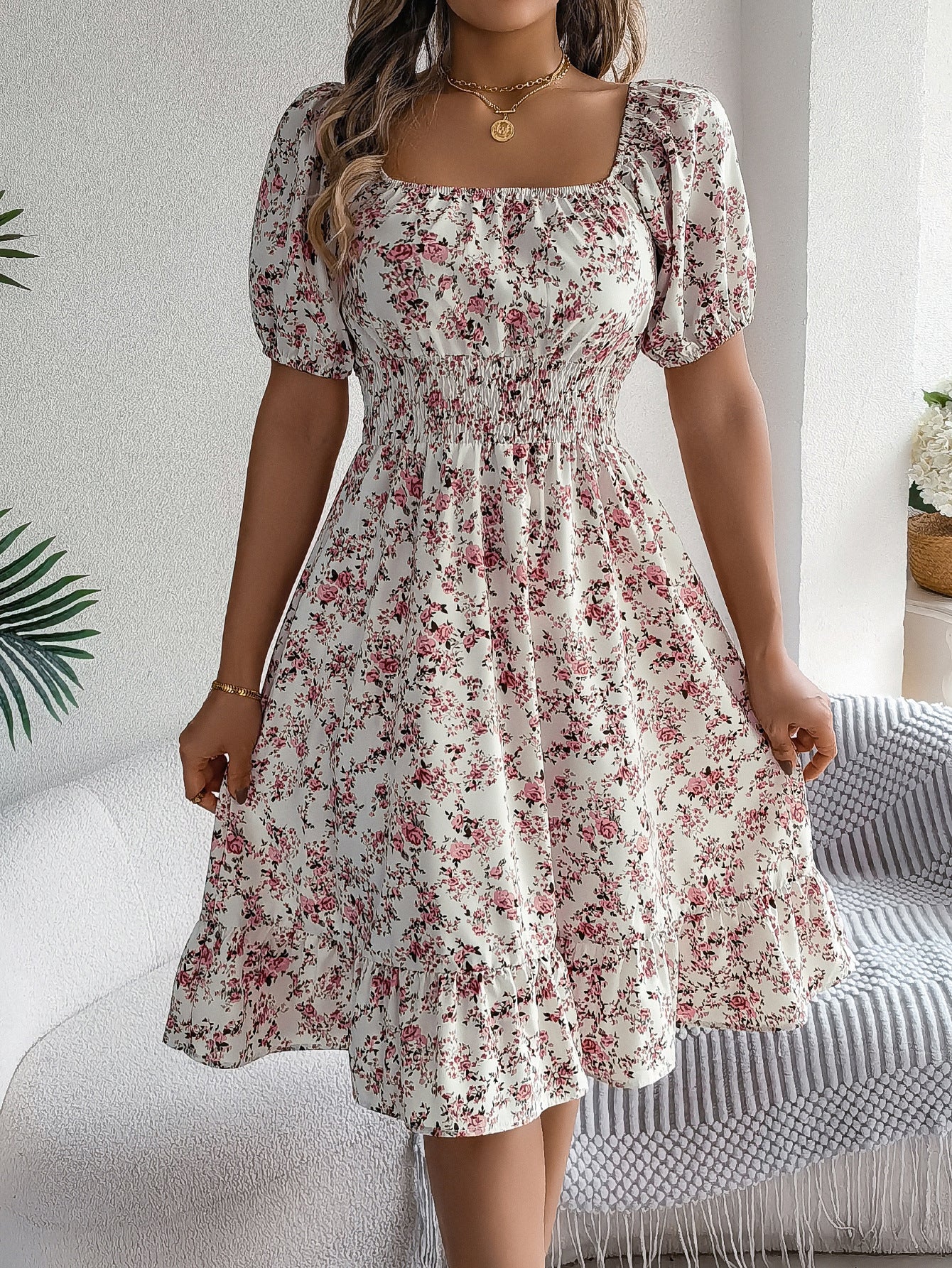 Women's floral print square collar dress with ruffle details, perfect for summer fashion and casual outings.

