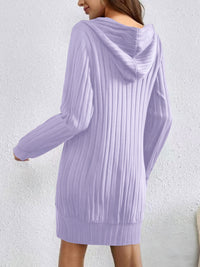Light purple ribbed sweater dress worn by a person on a white background