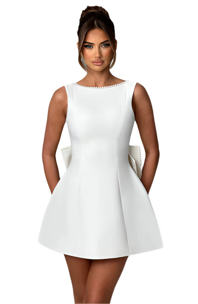 Elegant big-bowed pearls backless dress, sleeveless A-line party evening dress for women, perfect for summer soirées and formal occasions.

