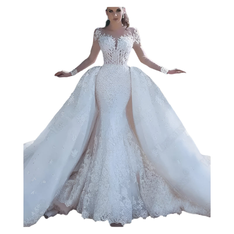 Elegant Africa mermaid wedding dress with long sleeves, lace embroidery, and a dramatic flare for a sophisticated bridal look.

