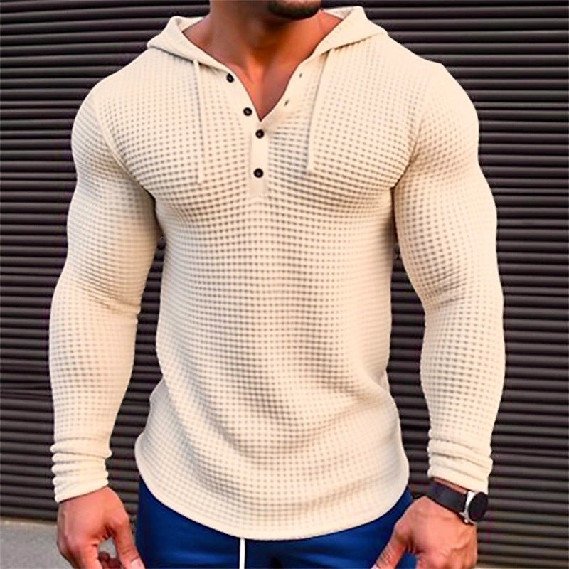 Men’s casual waffle knit long sleeve pullover, slim fit solid color T-shirt for streetwear and layering.