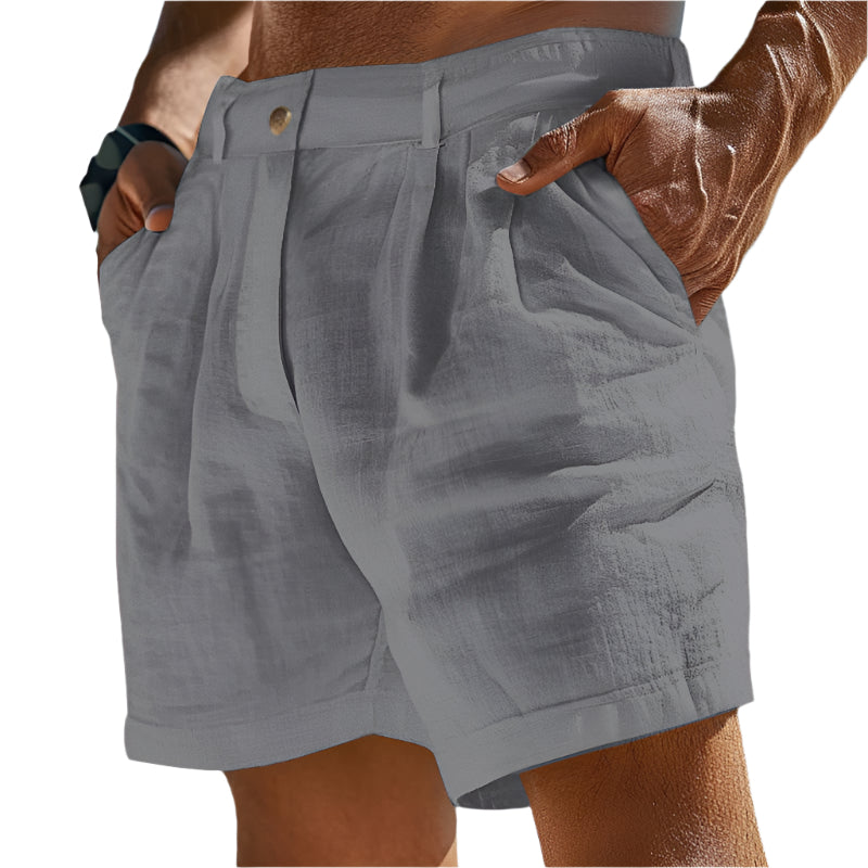 Men’s lightweight linen shorts with button pocket, breathable and stylish for summer wear.








