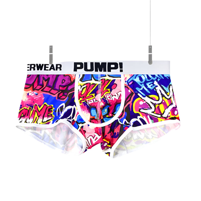 Street graffiti style British men’s pouch boxers with breathable nylon fabric

