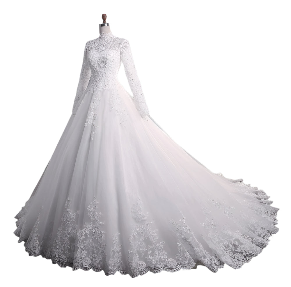 A white lace wedding dress with a stand-up collar, long sleeves, and a flowing large tail, designed for a classic and elegant bridal look.

