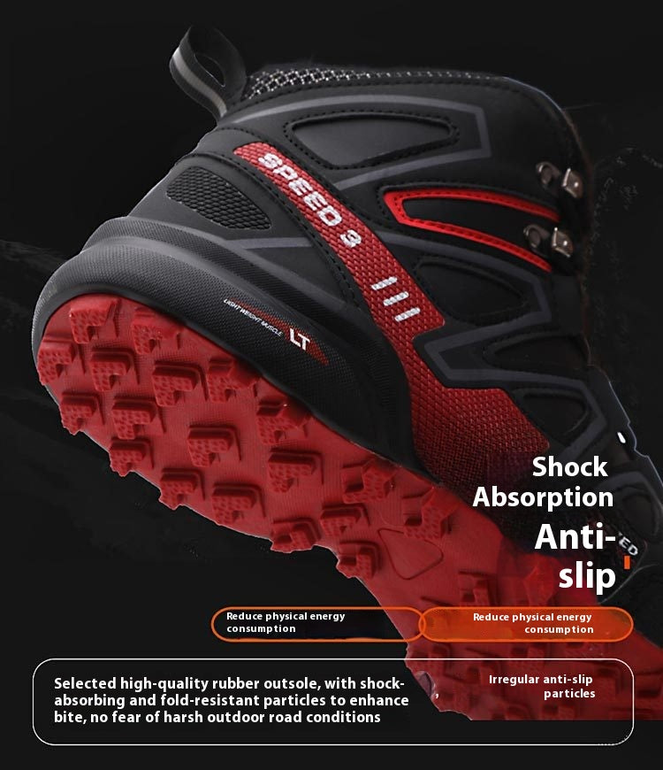 Winter outdoors snow boots for men, high-top velvet thermal, off-road thickened sole, lightweight mountaineering shoes with cotton lining for winter activities.








