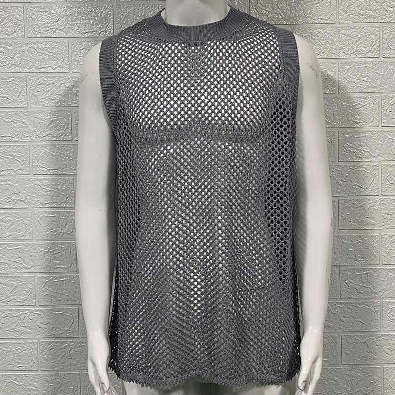 Solid Color Round Neck Sleeveless Hollow Knitted Vest in lightweight, breathable fabric for a stylish and comfortable fit.