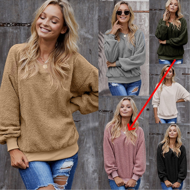 Women's solid color pullover, long-sleeve round-neck loose casual top for autumn and winter.









