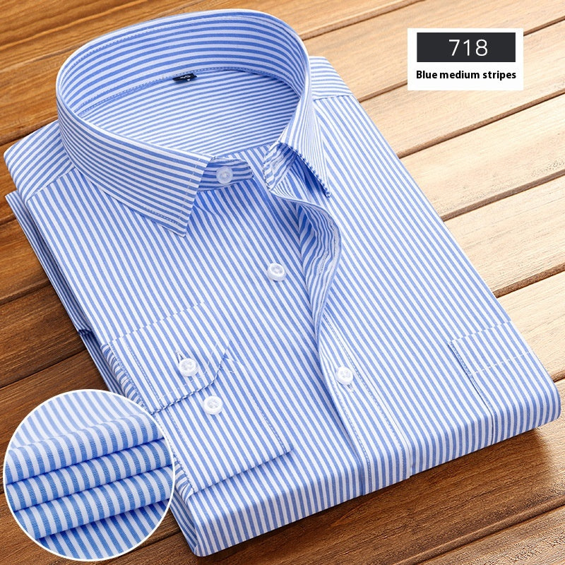 New Business Striped Long-Sleeved Shirt for Men, designed for spring and autumn with a stylish stripe pattern and comfortable fit. Perfect for both casual and semi-formal looks.