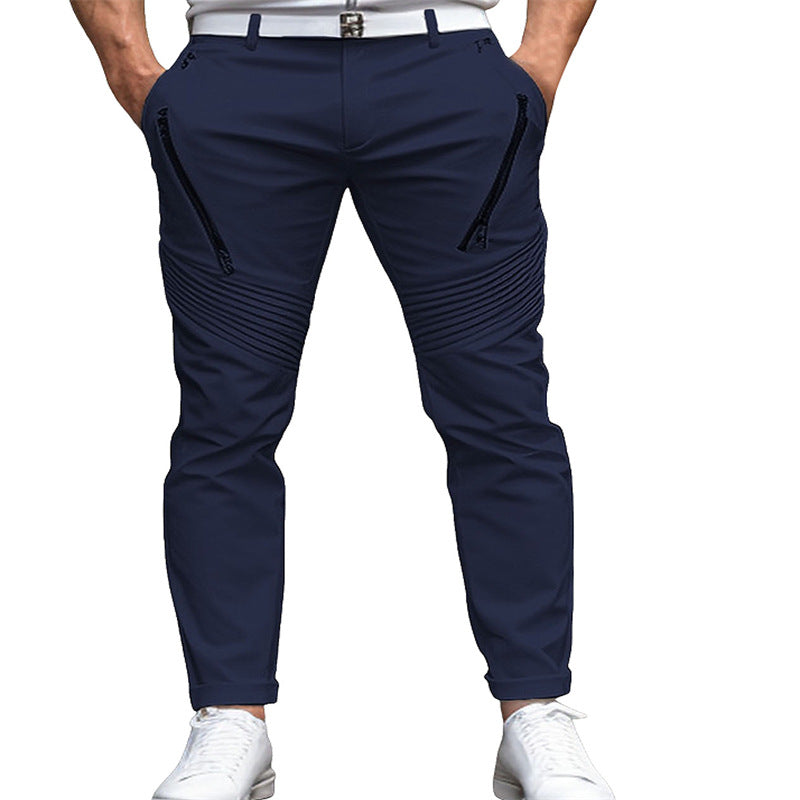 Men's slim fit stretch skinny pants with zipper pleats for a trendy, fashionable street style.