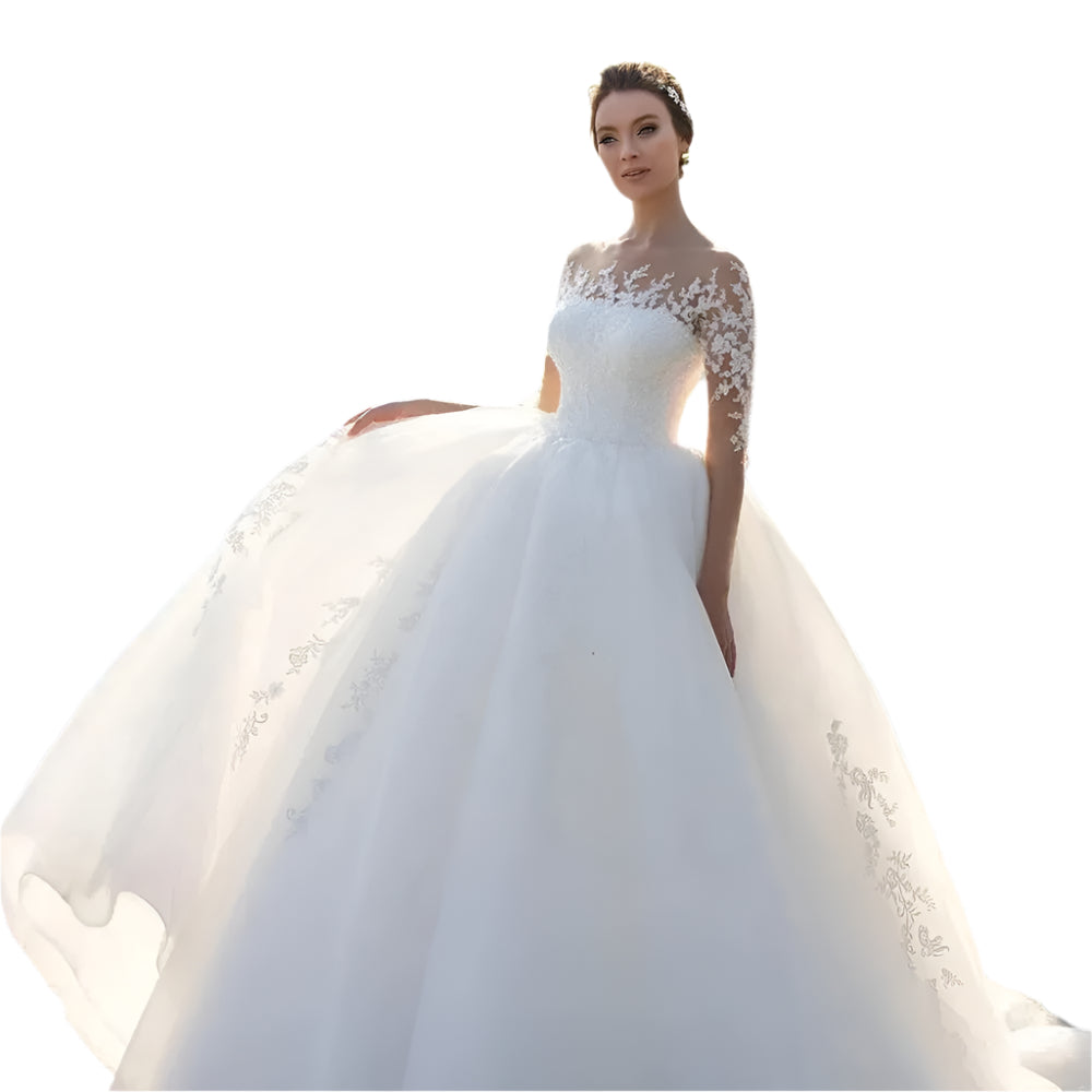 “Forever Yours Mesh Long Sleeve Embroidered Wedding Dress – romantic mesh bridal gown with embroidered details and long sleeves – Hot Deal Warehouse bridal”

