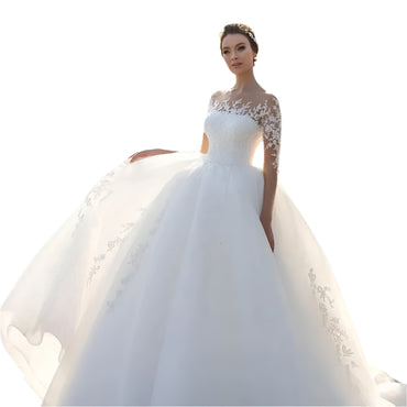 “Forever Yours Mesh Long Sleeve Embroidered Wedding Dress – romantic mesh bridal gown with embroidered details and long sleeves – Hot Deal Warehouse bridal”

