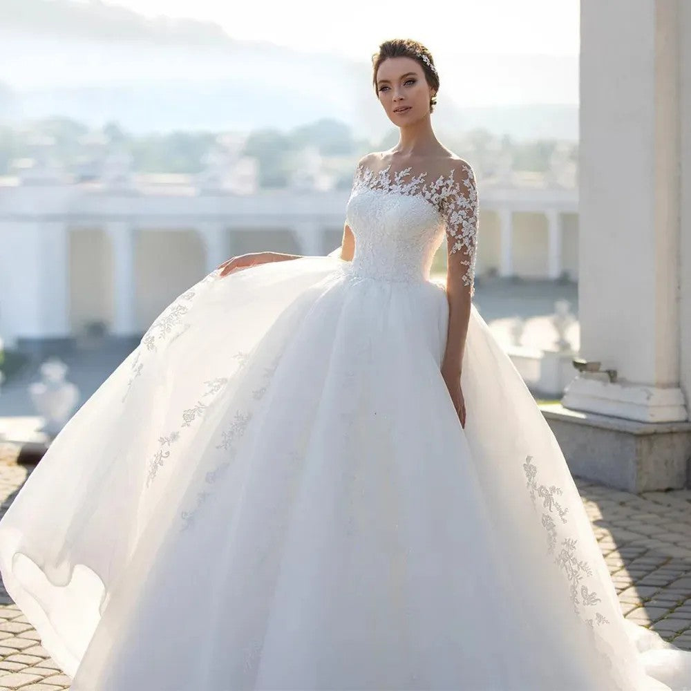“Forever Yours Mesh Long Sleeve Embroidered Wedding Dress – romantic mesh bridal gown with embroidered details and long sleeves – Hot Deal Warehouse bridal”
