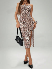 Women's summer printed suspender split dress with lace-up back and slim fit design.

