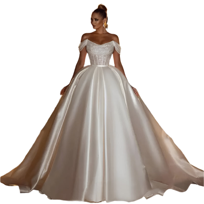 “Falling For You A Line Off Shoulder Wedding Dress – romantic off-shoulder bridal gown with a flattering A-line silhouette – Hot Deal Warehouse bridal”

