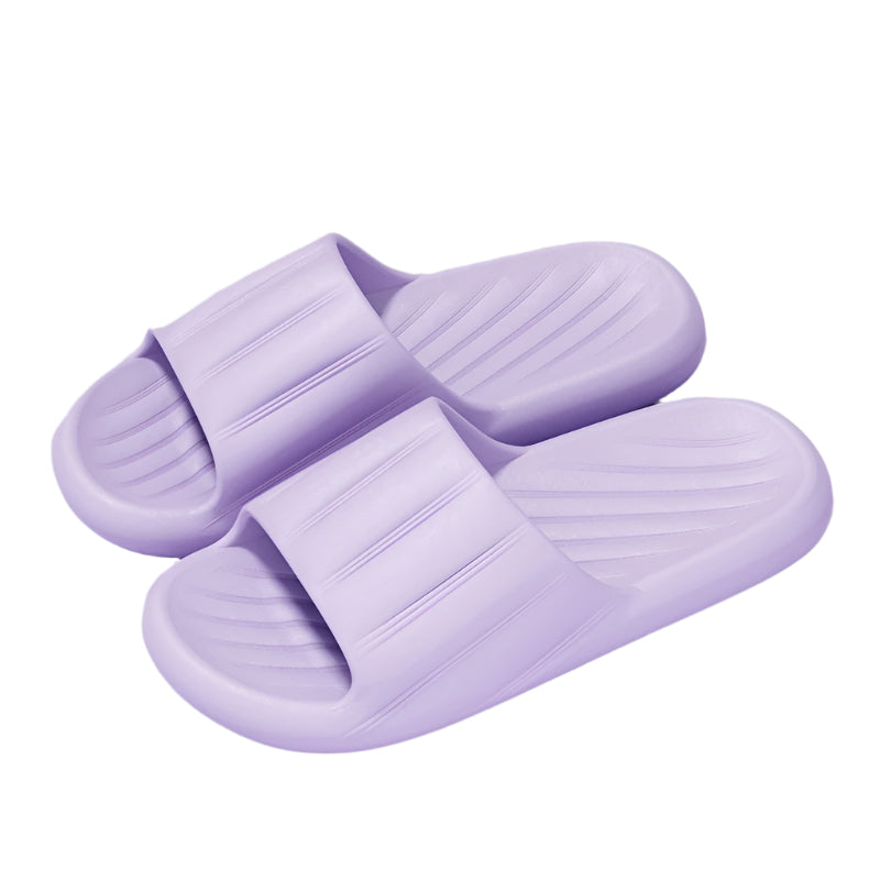 Unisex striped home slippers with thick soles and non-slip bottoms in solid colors.

