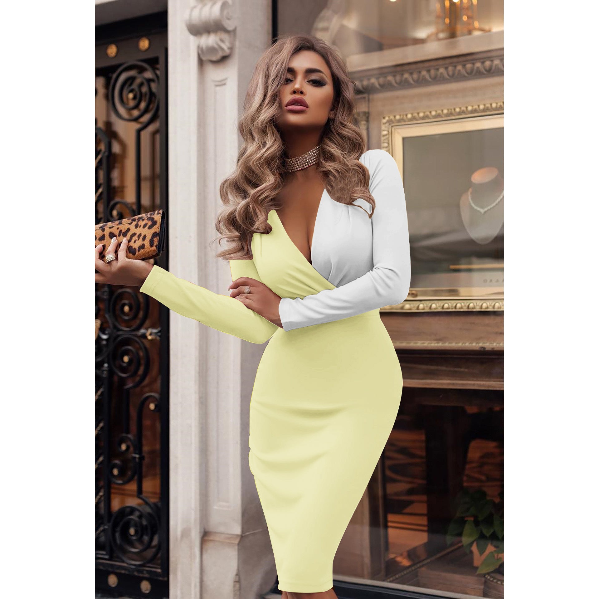 “Emilia Deep V Pleated Long Sleeve Dress – elegant women’s dress with a deep v-neck and pleated long sleeves, perfect for special occasions and evening events – Hot Deal Warehouse fashion”

