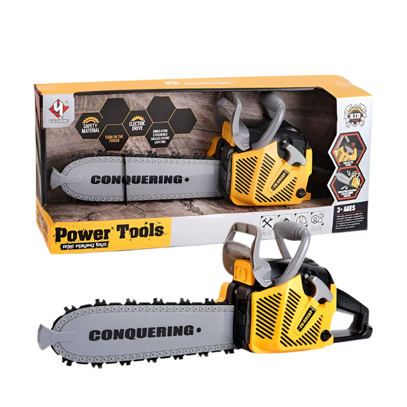 Children’s playhouse toolbox toy set with electric drill and tools, perfect for pretend play and role-playing activities.








