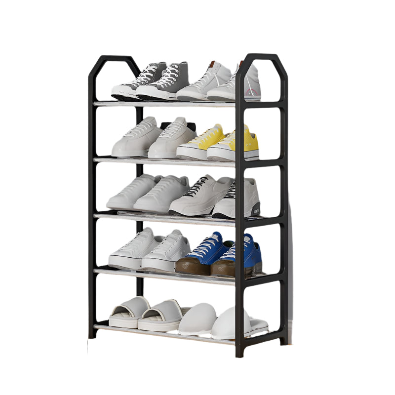 Minimalist trapezoidal shoe cabinet with shelves for compact storage in bedroom or dorm.

