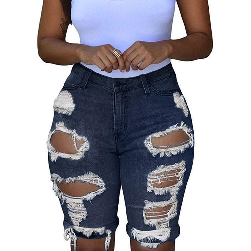 Fashion High Waist Ripped Denim Shorts for Women featuring a flattering high-waisted fit and trendy ripped detailing for a stylish, casual look.