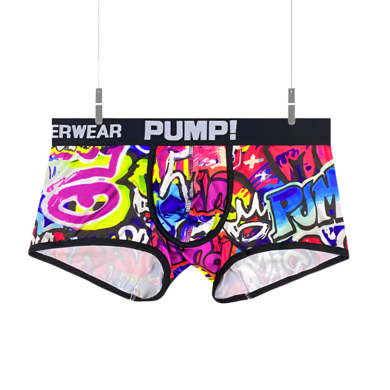 Street graffiti style British men’s pouch boxers with breathable nylon fabric

