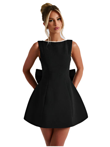 Elegant big-bowed pearls backless dress, sleeveless A-line party evening dress for women, perfect for summer soirées and formal occasions.

