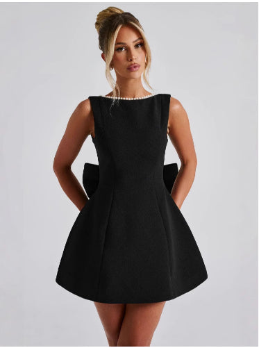 Lola Big-Bowed Pearls Backless Dress Black
