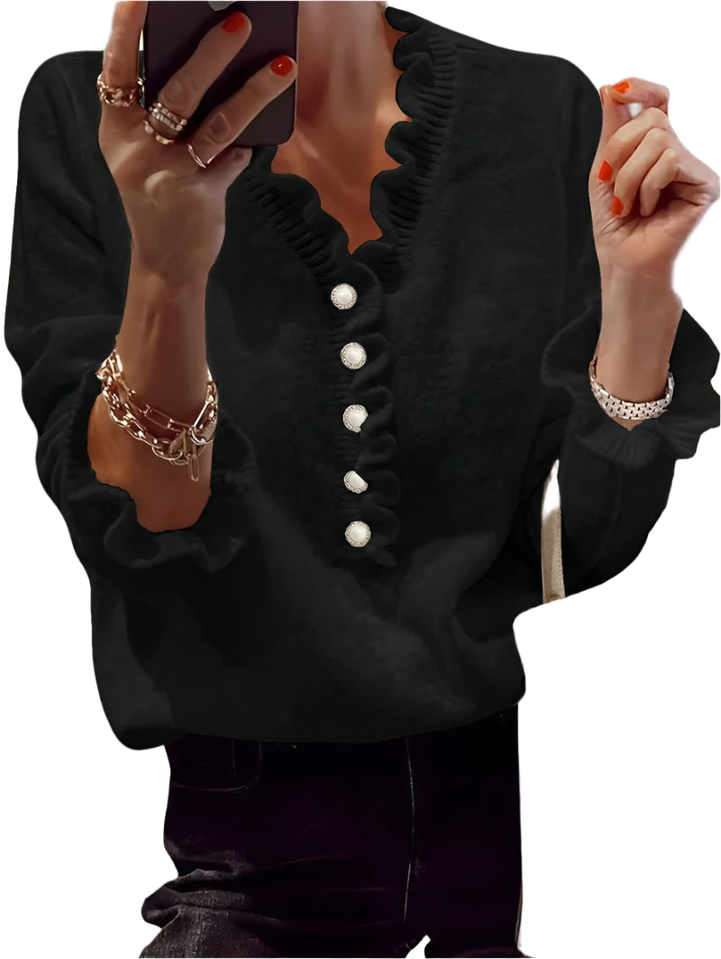 Women’s winter V-neck ruffled knitted sweater – fashion pullover with long sleeves.








