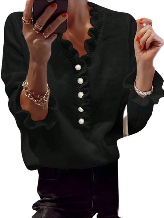 Women’s winter V-neck ruffled knitted sweater – fashion pullover with long sleeves.








