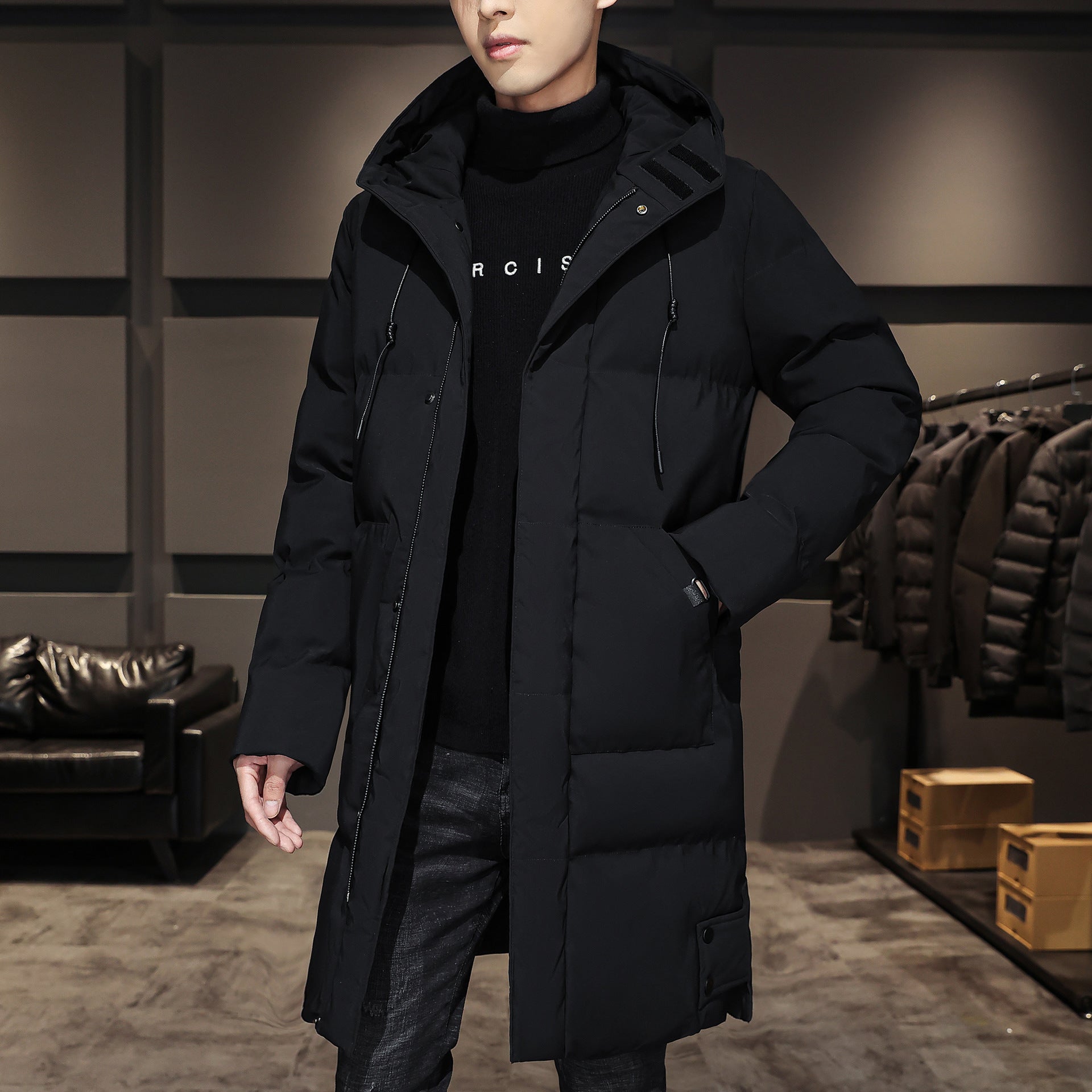 Plus Size Men’s Thick Winter Mid-Length Cotton Coat with Warm Lining

