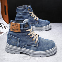 High-top denim board shoes for men with lace-up design and rubber sole.

