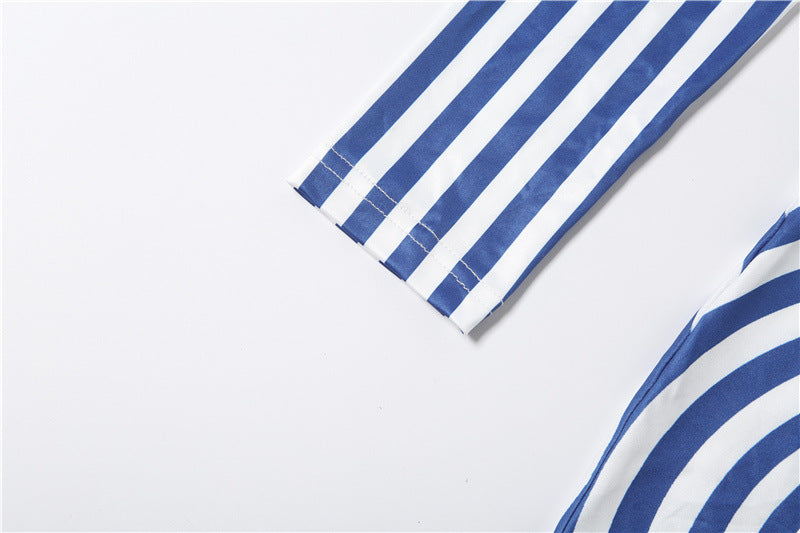 Close-up of a blue and white striped fabric product, showing the striped pattern and stitched edge on a plain white background.