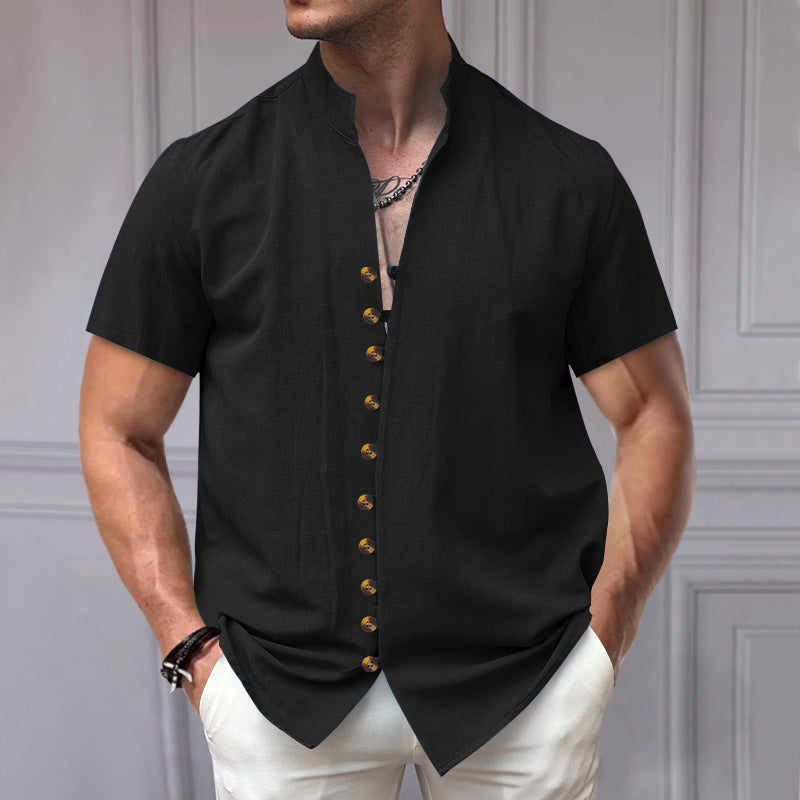 Linen Button Stand Collar Short Sleeve Shirt – Lightweight, breathable linen shirt with a stand collar and button-down front, ideal for summer wear.