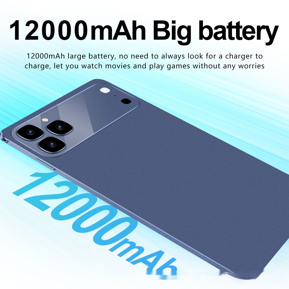 Phone back with 12000mAh battery text on a blue gradient background