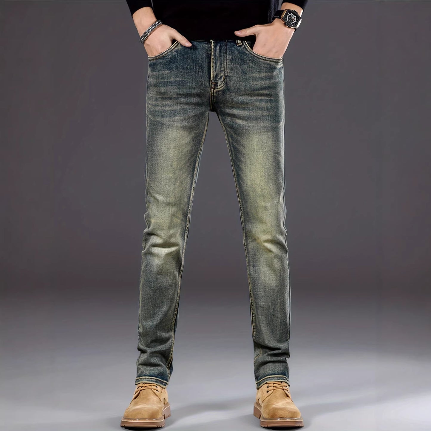 Men's retro blue skinny jeans with stretch denim and faded wash