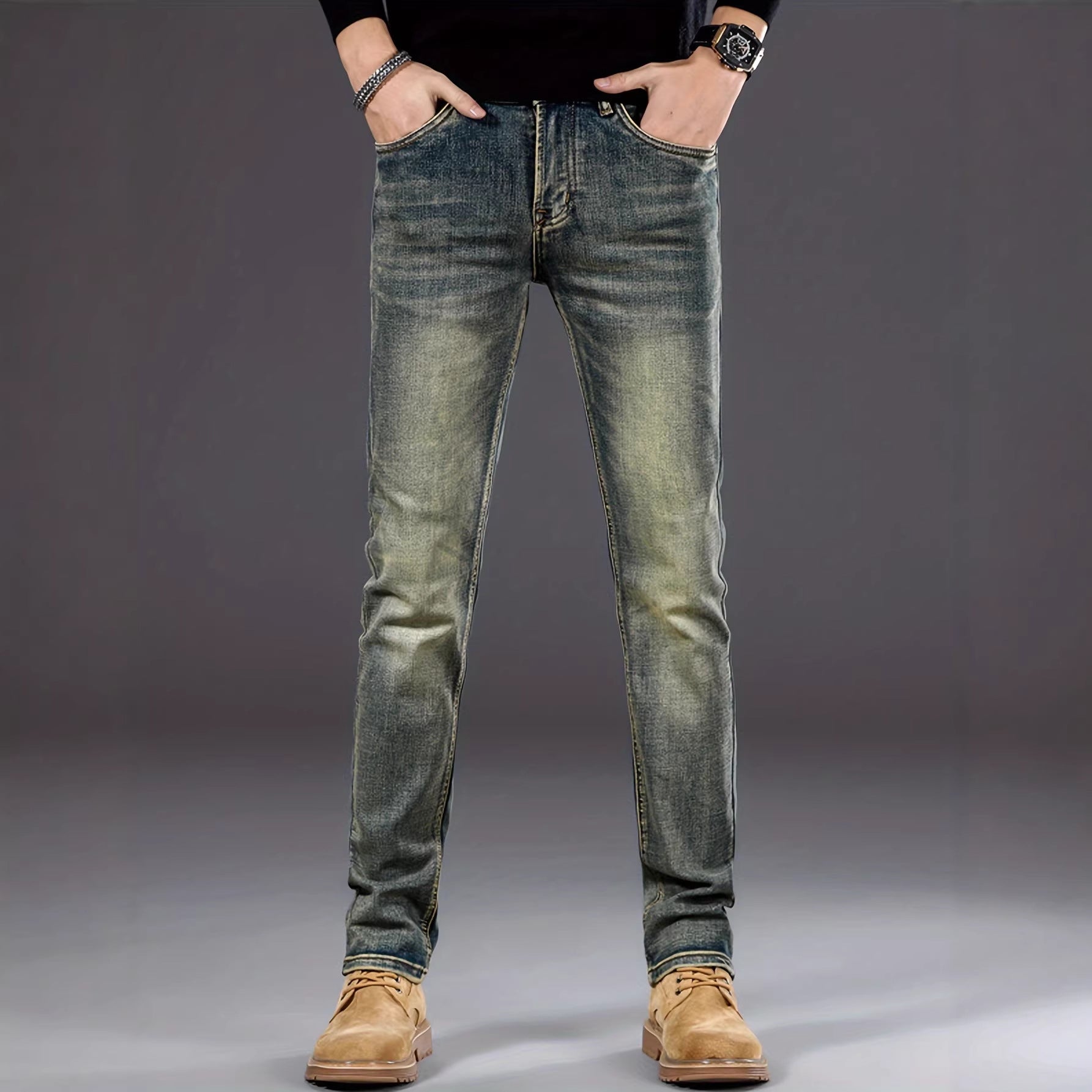 Men's retro blue skinny jeans with stretch denim and faded wash