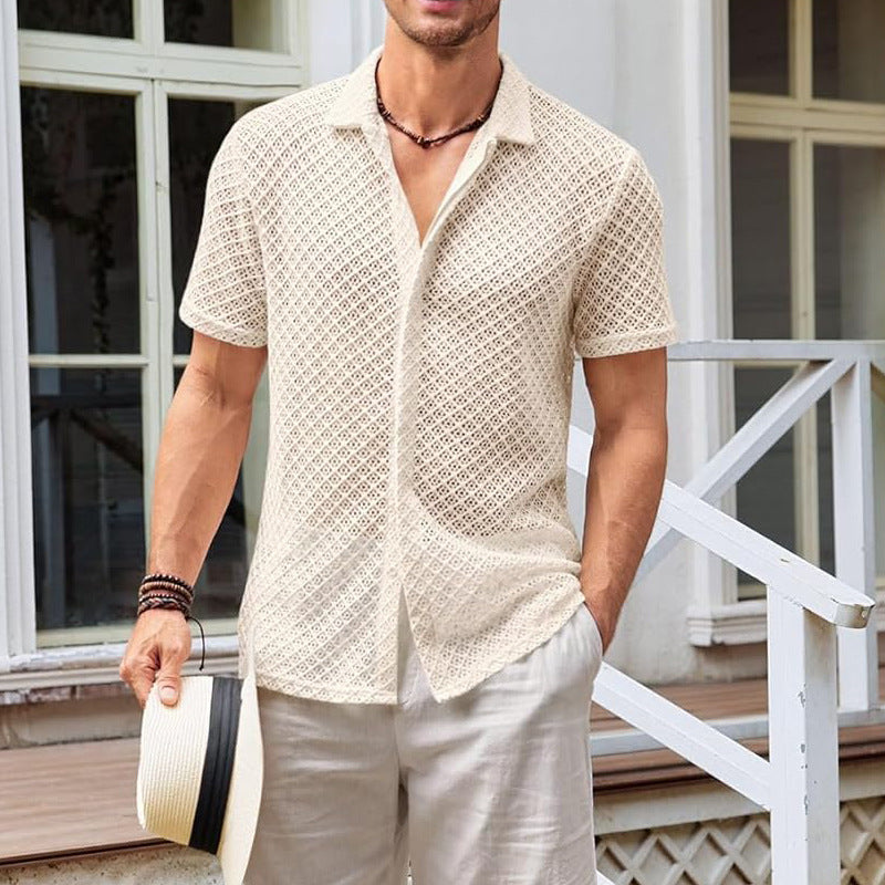 Summer Mesh Short Sleeve Shirt – Stylish solid color lapel shirt made from breathable mesh fabric, ideal for beachwear and casual occasions.








