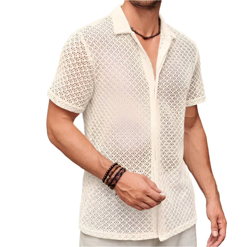 Summer Mesh Short Sleeve Shirt – Stylish solid color lapel shirt made from breathable mesh fabric, ideal for beachwear and casual occasions.








