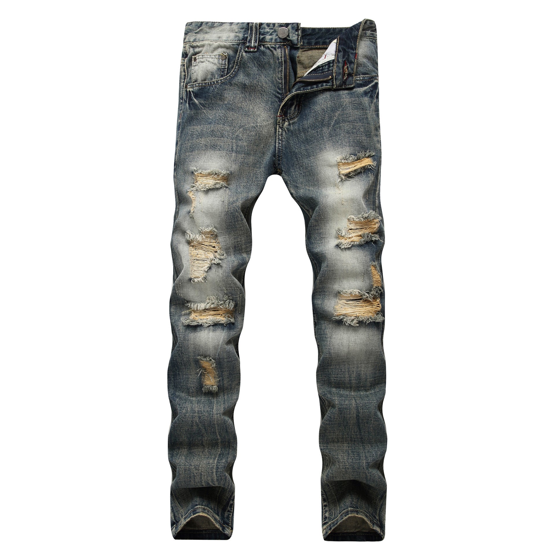 Men’s ripped fashion slim-fit straight jeans with distressed details for a trendy streetwear look.