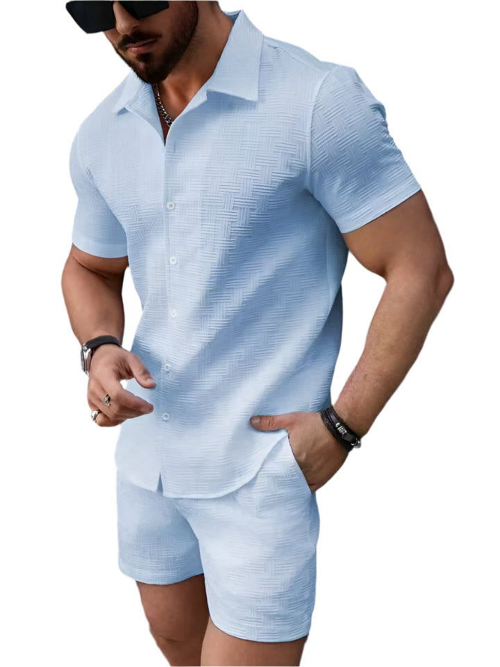 Leisure Breathable Beach Two-Piece Set – Vintage textured solid shirt and shorts, offering a comfortable and breathable summer look for men.








