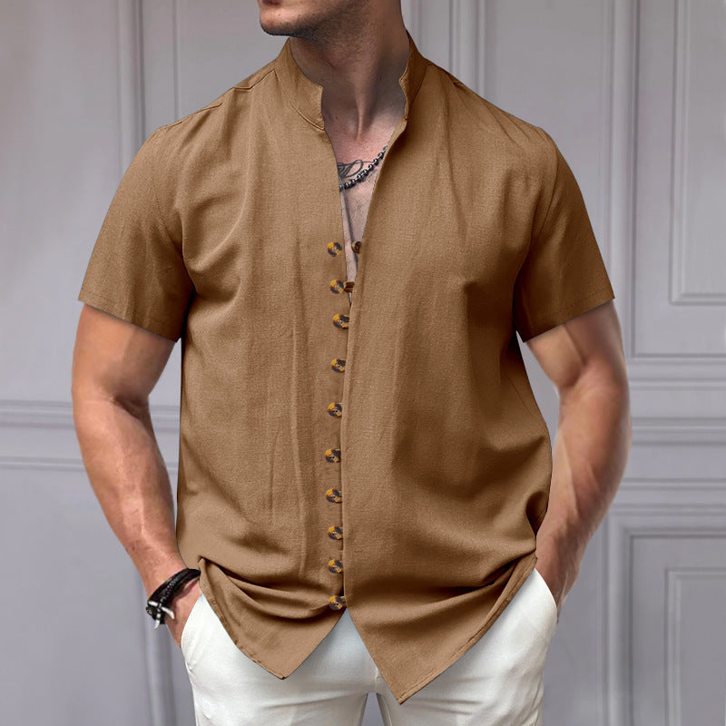 Linen Button Stand Collar Short Sleeve Shirt – Lightweight, breathable linen shirt with a stand collar and button-down front, ideal for summer wear.