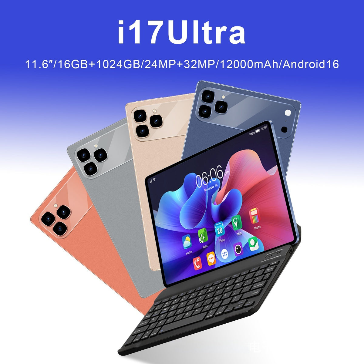 Smartphone with keyboard cover on a gradient blue background, featuring 'i17Ultra' model details.