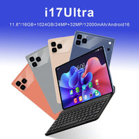 Smartphone with keyboard cover on a gradient blue background, featuring 'i17Ultra' model details.
