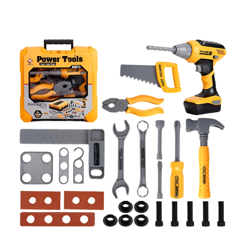 Children’s playhouse toolbox toy set with electric drill and tools, perfect for pretend play and role-playing activities.








