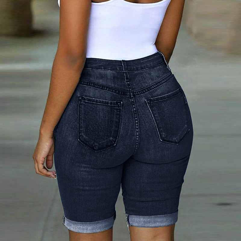 Fashion High Waist Ripped Denim Shorts for Women featuring a flattering high-waisted fit and trendy ripped detailing for a stylish, casual look.