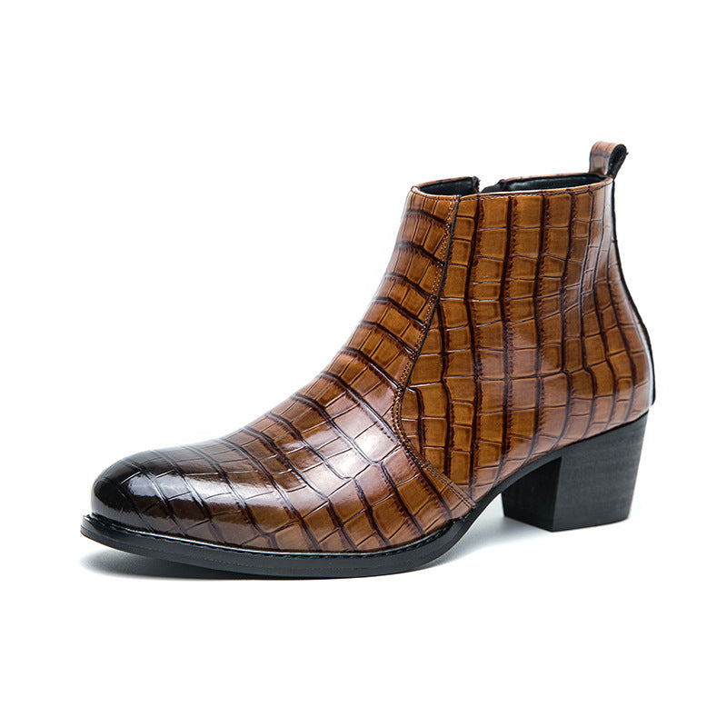Men’s British-style leather fashion boots with lace-up design and rubber sole.

