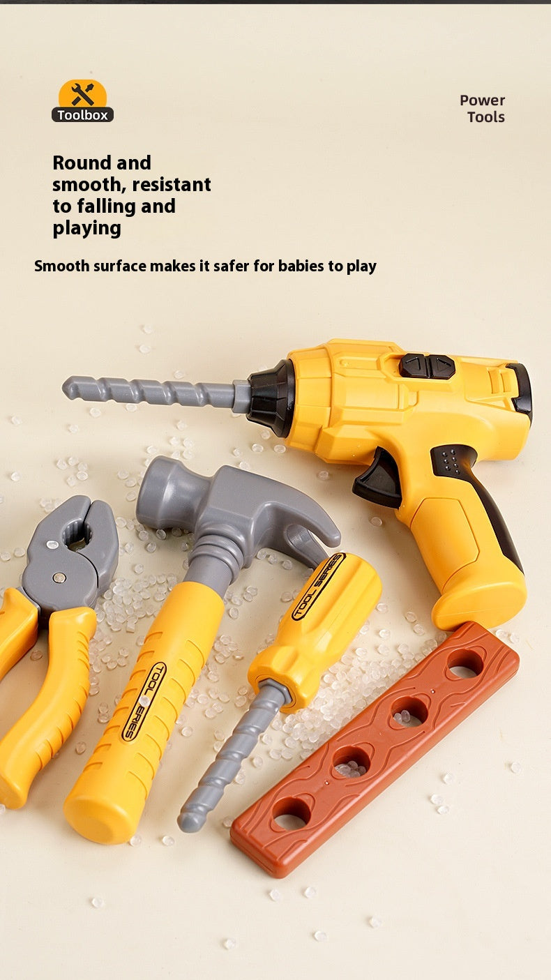 Children’s playhouse toolbox toy set with electric drill and tools, perfect for pretend play and role-playing activities.








