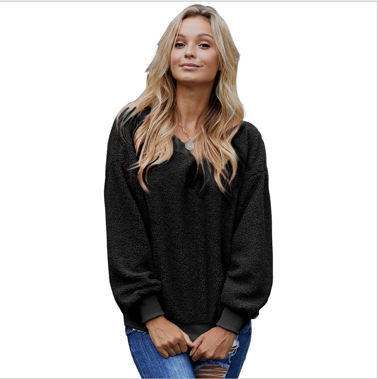 Women's solid color pullover, long-sleeve round-neck loose casual top for autumn and winter.








