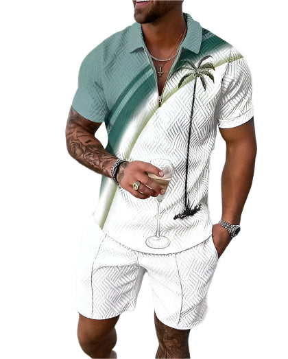Men's Zipper Polo Short Sleeve Suit, modern zipper design, breathable fabric, stylish and versatile for casual and semi-formal occasions.